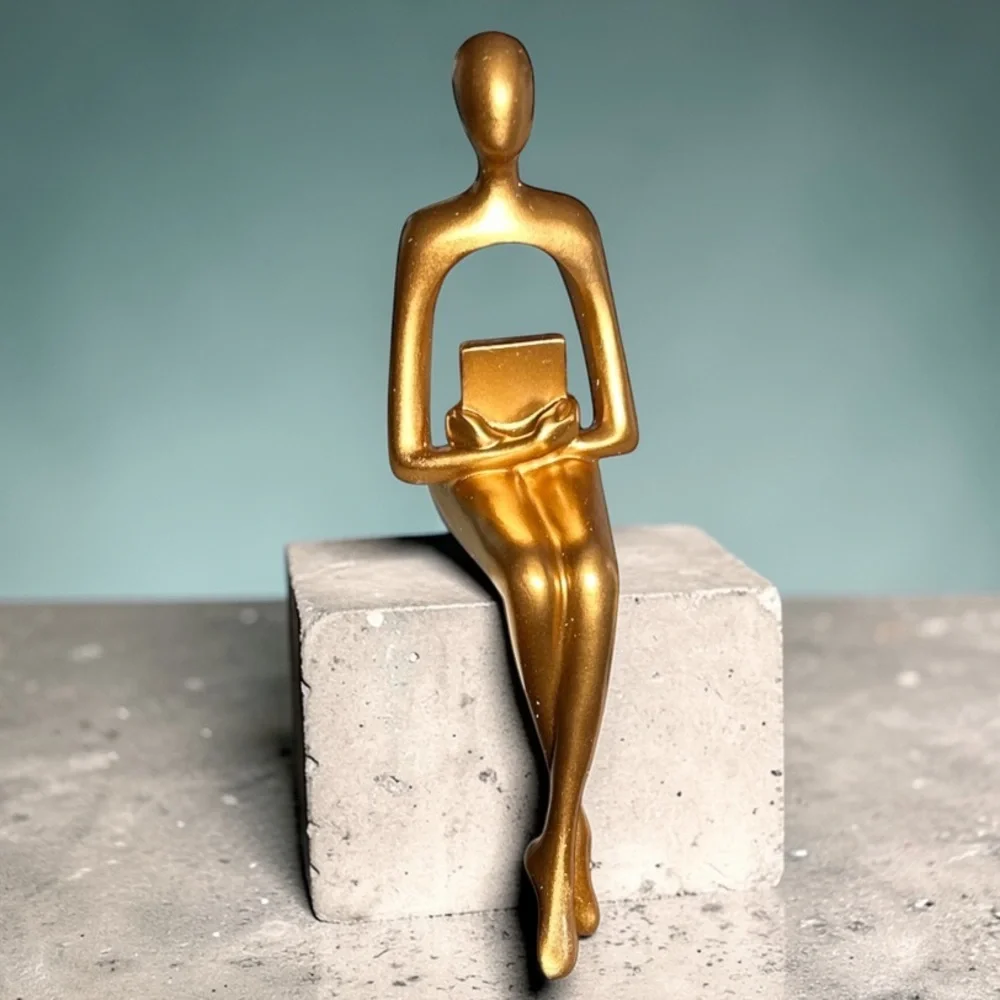 Abstract Modern Statue Figurine Gold Tone Shelf Sitter Woman Reader Holding Book